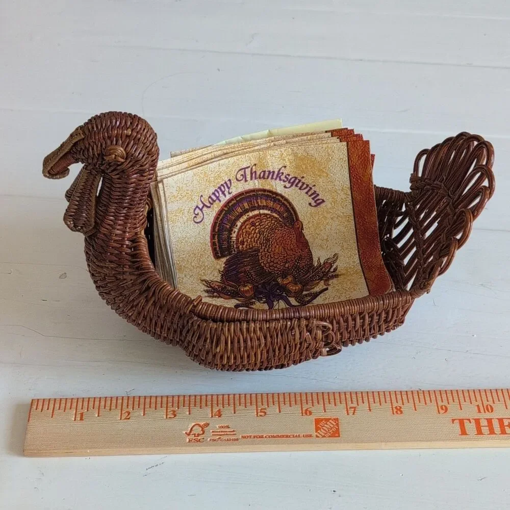VTG Wicker Turkey Napkin Basket Holder, Woven, Handle, Thanksgiving Theme